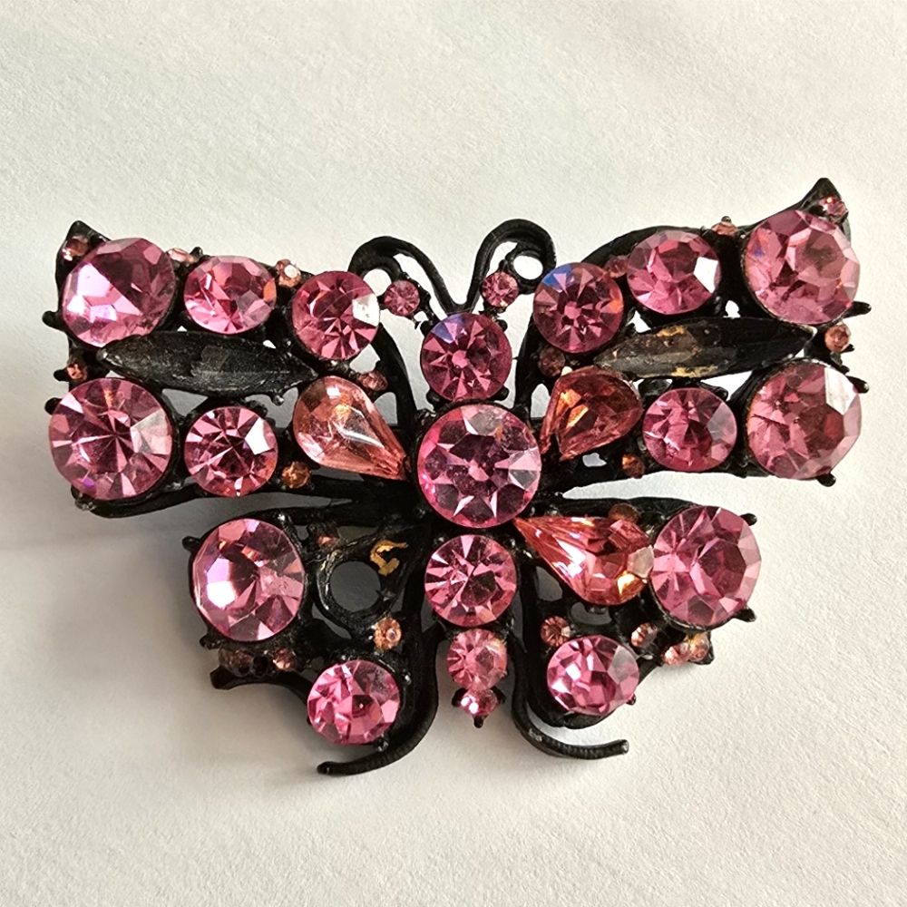 Vintage butterfly brooch pink rhinestones pin insect bug moth as is black metal